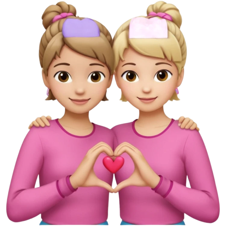 Two best friends making a heart shape with their hands together. One of them has blond hair which is shorter and the other has brown hair tied up. They are both wearing pink outfits. emoji