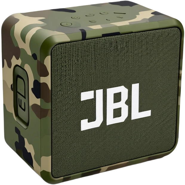 Minimalist JBL Go 4 speaker with digital camouflage pattern, pixelated military camo, clean simple design, compact bluetooth speaker emoji