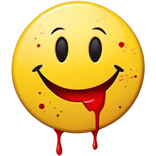 Yellow round smiley face badge with a small red blood splatter emoji