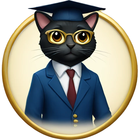 The student is a black-furred cat in gold glasses, a dark blue suit and a square academic dark blue cap emoji