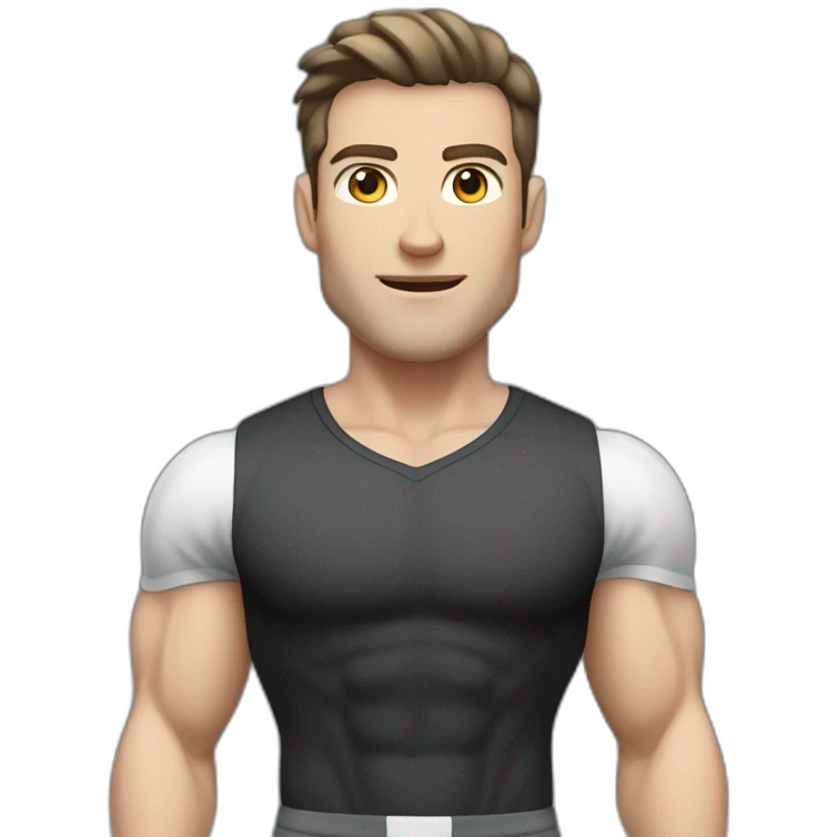 amazed Pale skinned Fit Man With the biceps and dark brown hair in black shirt, gray sports shorts and white Sneakers emoji
