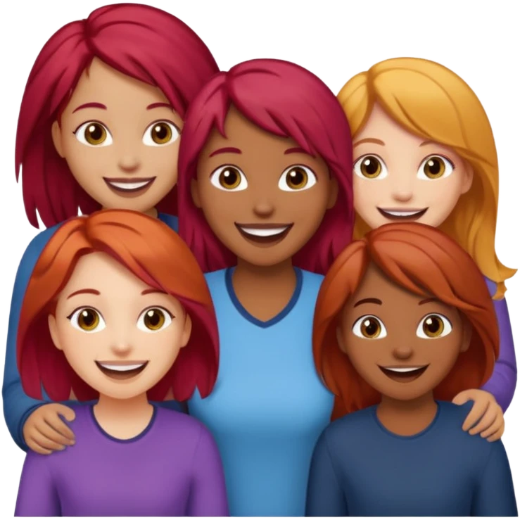 4 inclusive friends (3 girls and 1 man) laughing : 1 man must be brown, 1 girl have to have red hair, an other one must have blond hair and the last one is brown and have brown hair emoji