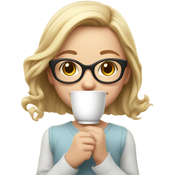 Small white girl wearing big glasses holding tea emoji