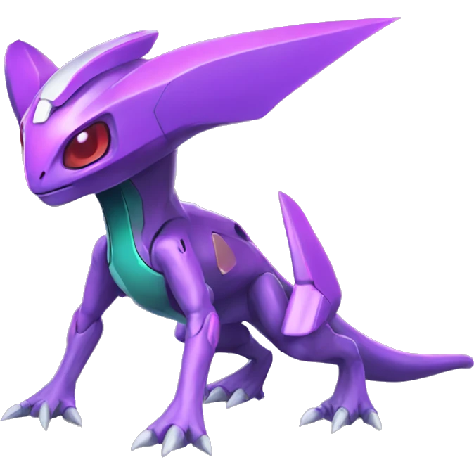 a shiny colorful Genesect-Raptor-Fakémon—hybrid with a futuristic visor-helmet full body emoji