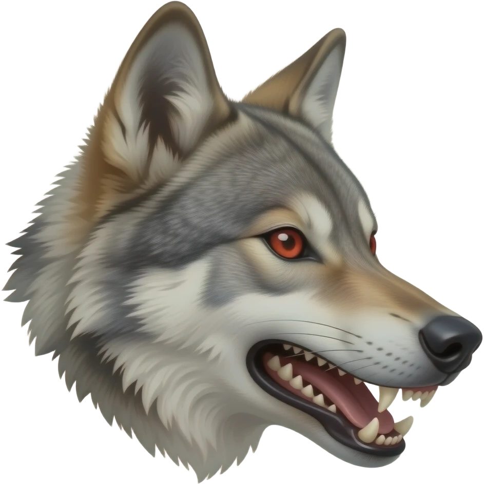 realistic Angry gray wolf with visible red eye only face teeth barred side profile emoji