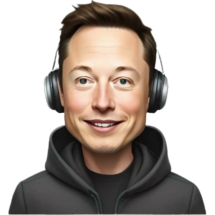 realistic happy Elon musk with hoodie wearing headsets emoji