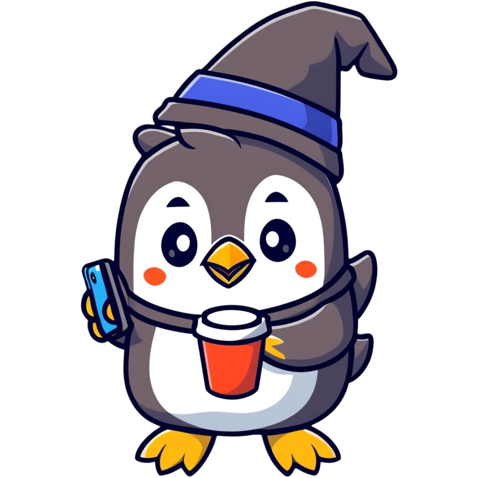 Penguin wizard drinking coffee while using iPhone emoji