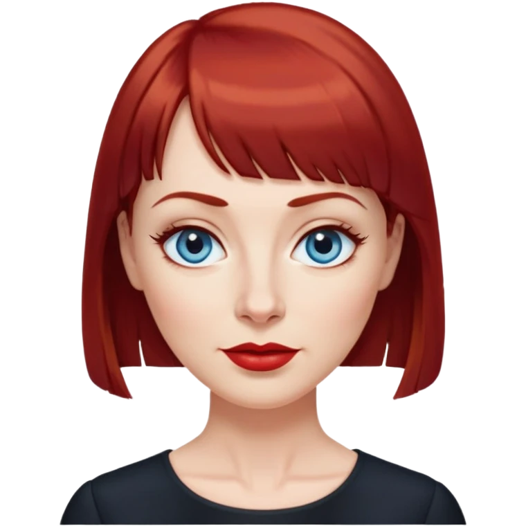 Middle-aged woman with fair skin, wider oval face, blue eyes, thin eyebrows, small nose, red lips, dark red hair with straight bangs, age-appropriate features, wearing a black blouse emoji