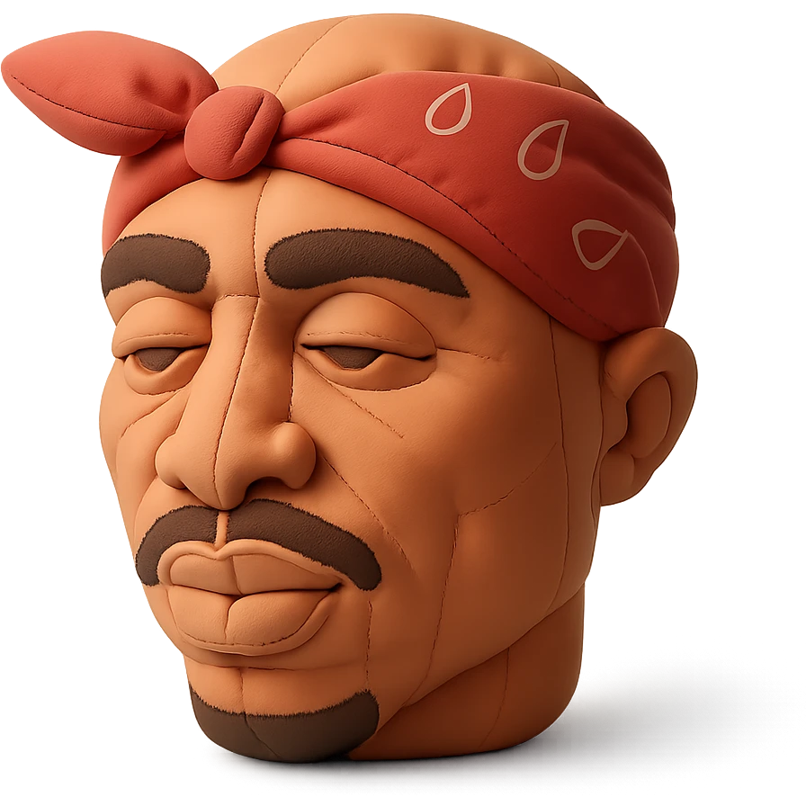 illustration of rapper 2Pac with iconic bandana and confident expression emoji