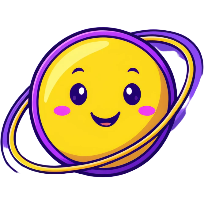 fantasy yellow planet with colorful rings and a cute happy face emoji