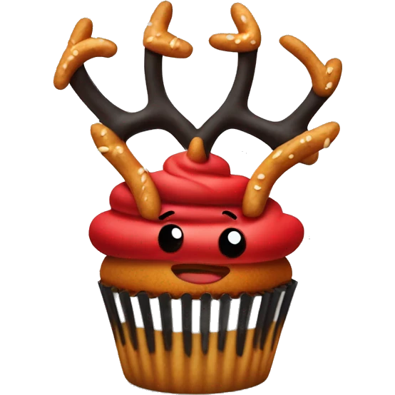 One black and red cupcake with pretzel antlers at the top emoji