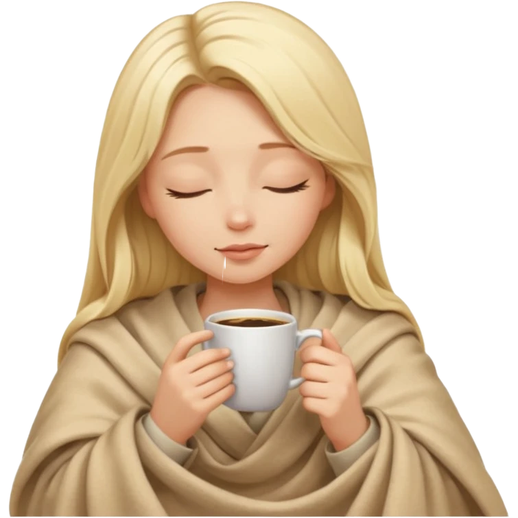 Blonde girl long hair inside a beige blanket sipping coffee eyes closed emoji