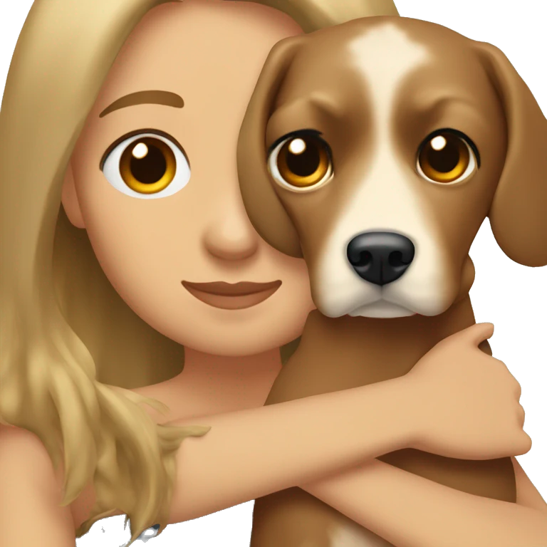 Woman with long and straight hair with dark hair and some blonde lines, hugging a cocker spaniel emoji