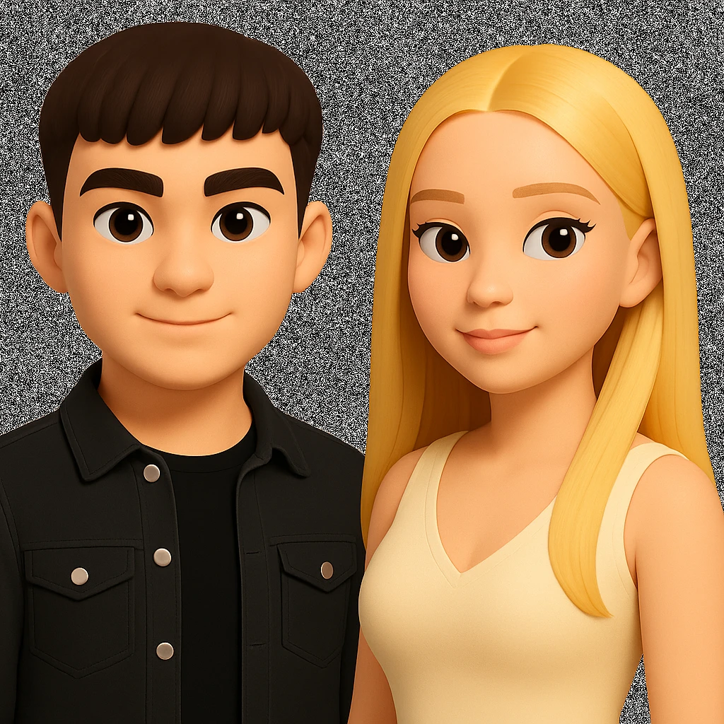 Slightly increase the volume of the upper body of the girl, separate the girl and the boy from each other, make the skin color the same for both characters. Maintain the cartoonish 3D style and keep the background transparent. The original style is cartoonish 3D. emoji