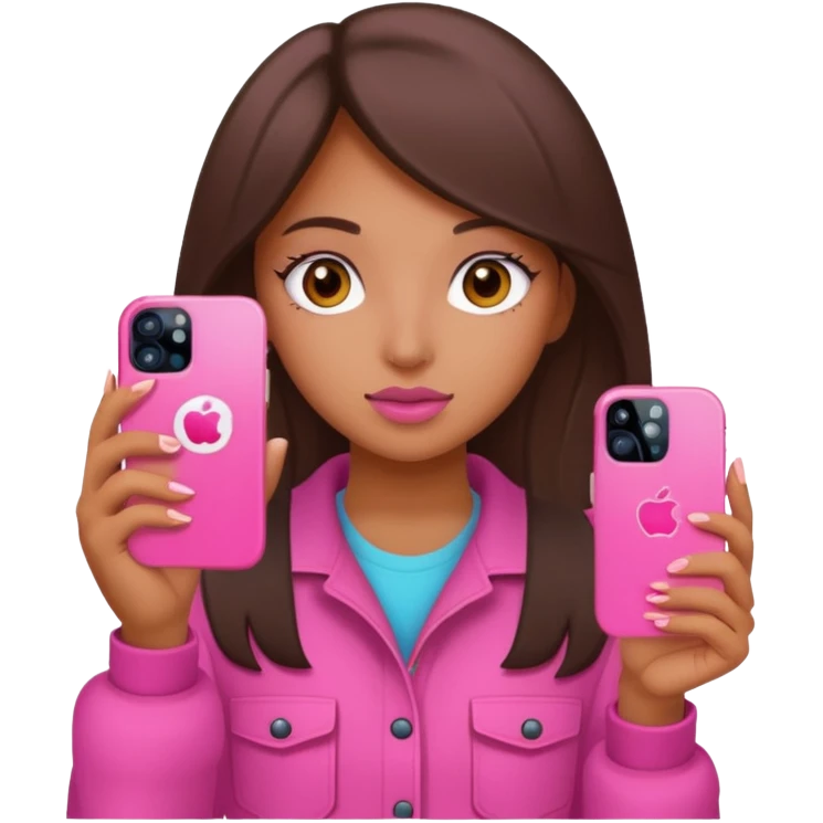 chica "baddie" con un iphone 13 rosa en la mano como sacando foto emoji