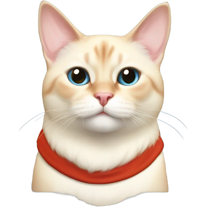 chubby fat, flame point Siamese, short fur, with white fur with orange accents, and blue eyes, smiling, wearing a red santa hat  emoji