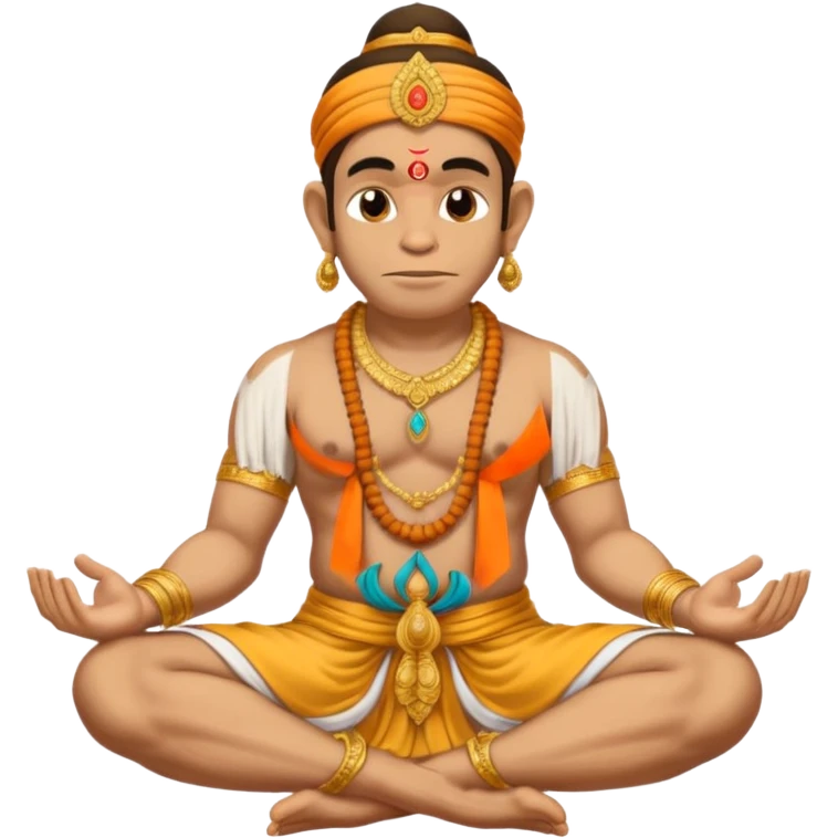 Hanuman ji seated and praying with close eyes with golden mukut and only in dhoti no upper wearings and tail behind emoji
