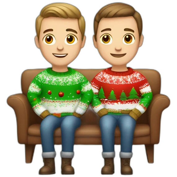gay couple sitting in christmas sweathers with brown faded haircut emoji