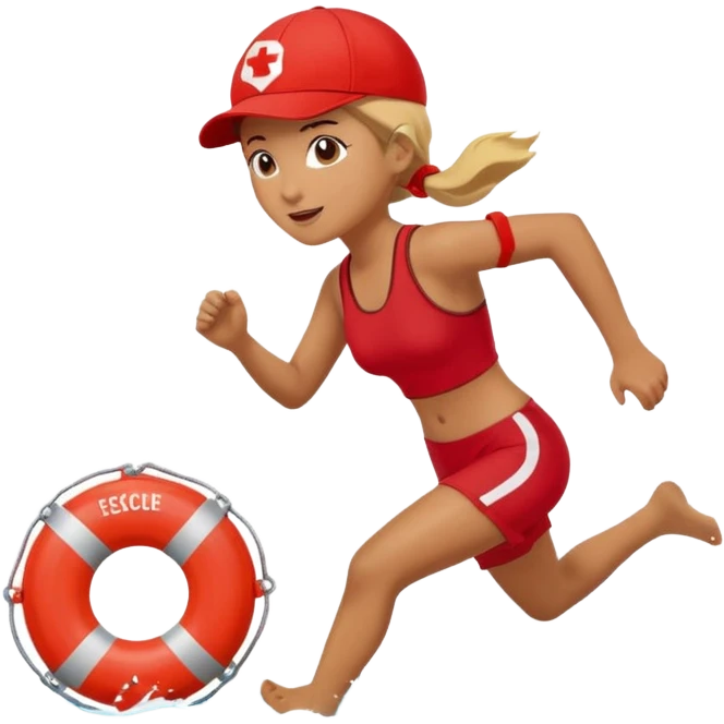 Female lifeguard – red cap, running along shore with rescue buoy emoji