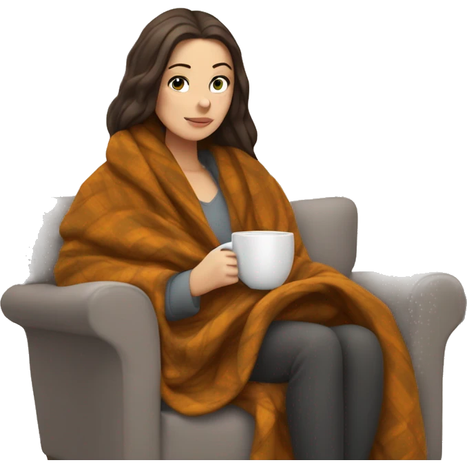 Brunette white girl covered in blanket autumn vibe sitting on a cozy chair holding coffee, window on the background emoji