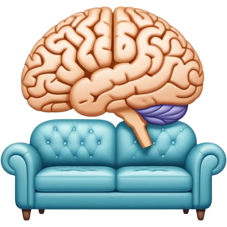 An icon featuring a brain, a couch, and a psychological test, symbolizing the study of psychology. The design includes abstract patterns representing the mind, with a calm, therapeutic setting in the background. Transparent background highlights the exploration of human behavior and mental health. emoji