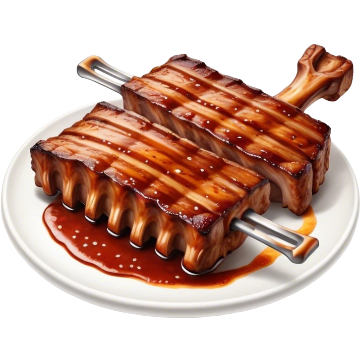 Cinematic juicy grilled ribs, glistening with smoky barbecue sauce, charred edges, tender meat falling off the bone, sizzling on a hot grill, mouthwatering and rich, warm and inviting, ultra-realistic and delicious. emoji