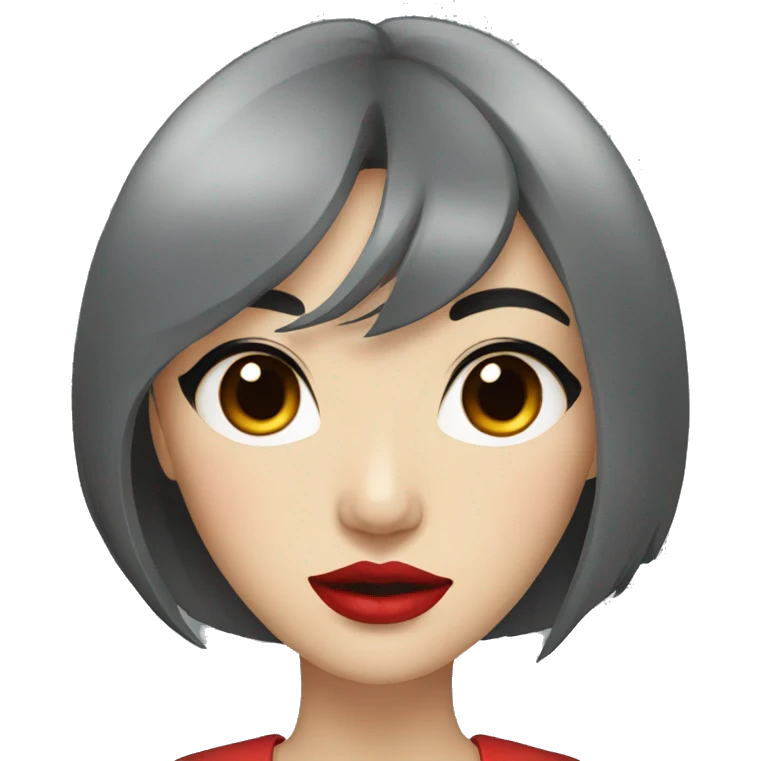 a asian woman with grey eyes and black hair and red lips emoji