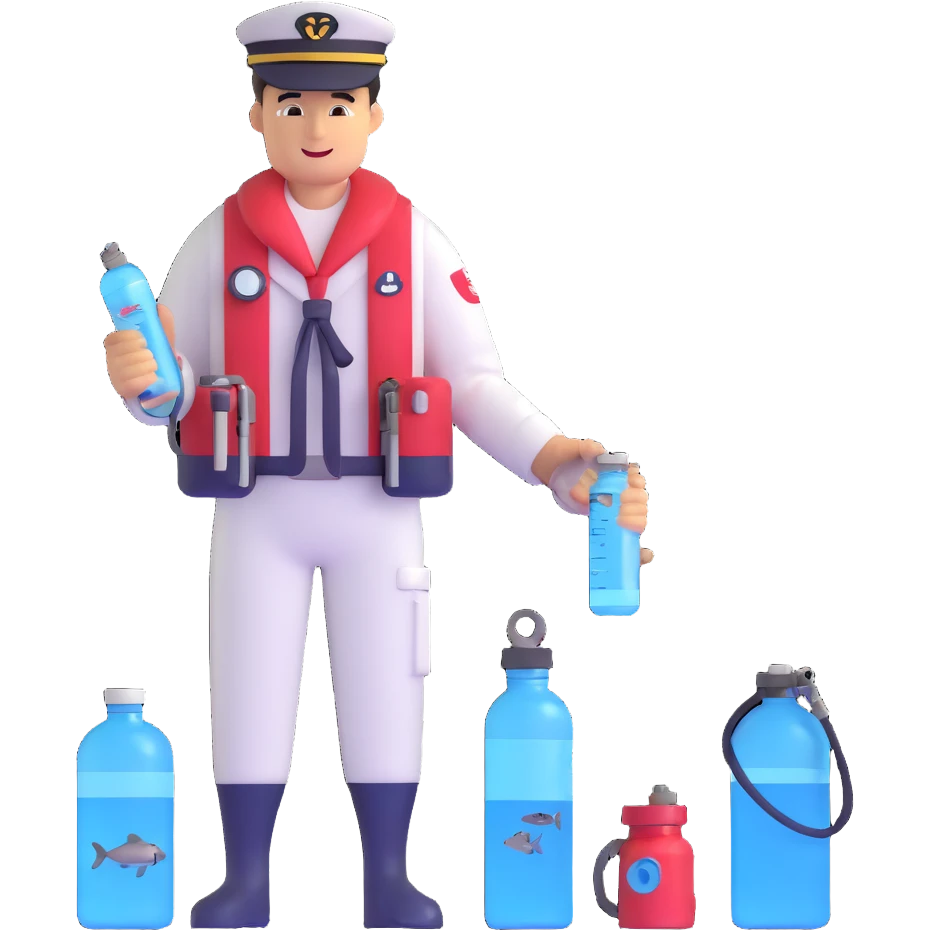 Oceanologist sailor from Vladivostok with scientific instruments, CTD sensor, water sampling bottles, and marine life emoji