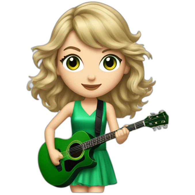 Taylor swift avec une robe vert jouant de la guitare avec des magnifiques yeux emoji