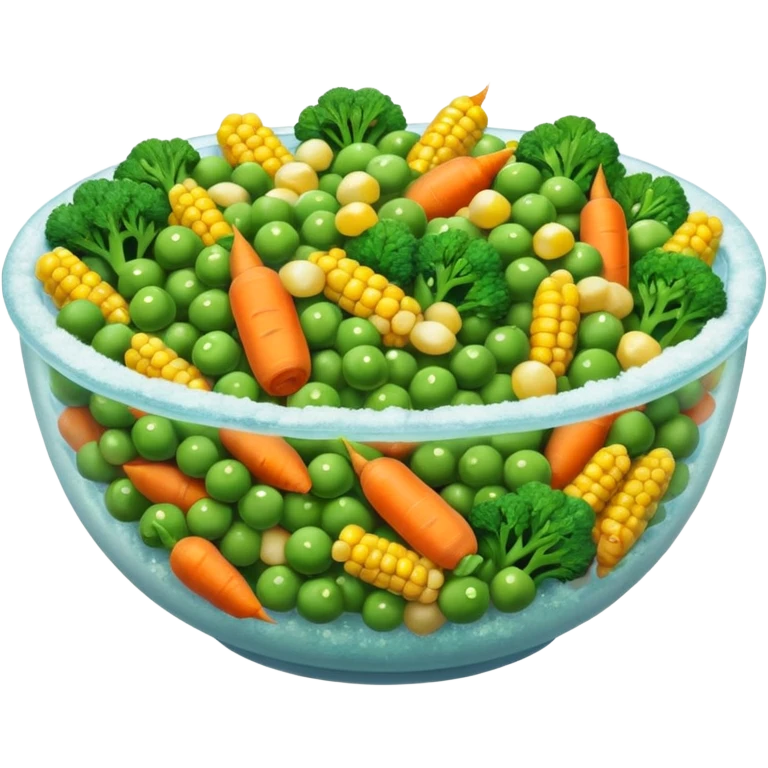 A close-up of a bowl filled with frozen mixed vegetables — peas, carrots, corn, and broccoli — covered with a light layer of frost. The colors are bright but slightly muted from freezing. Natural lighting, high-detail macro food photo. emoji