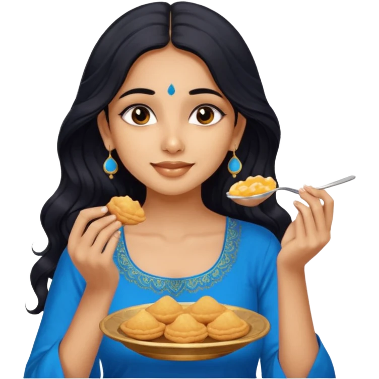 a pretty tan indian bratz girl with wavy long BLACK hair. eyeliner on, wearing a blue kurti, eating golgappa. NO SPOON emoji
