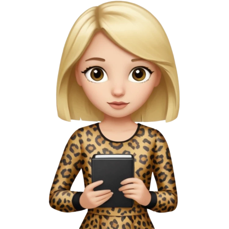 Blond hair girl with a leopard print dress and black leggings holding a note book and a pen emoji