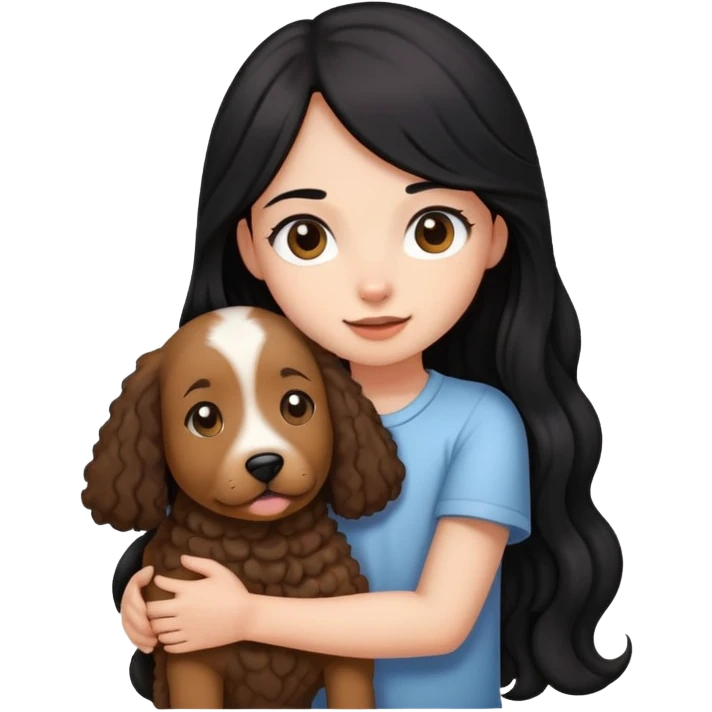 A girl with long straight black hair holding a curly brown giant dog emoji