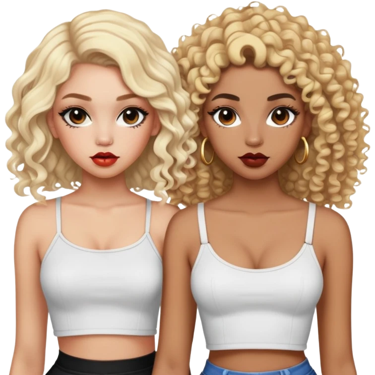 Two teenage girls together, one white with blonde hair and one brown-skinned with curly dark hair, both with heavy makeup, big lips, crop tops and choni style clothing emoji