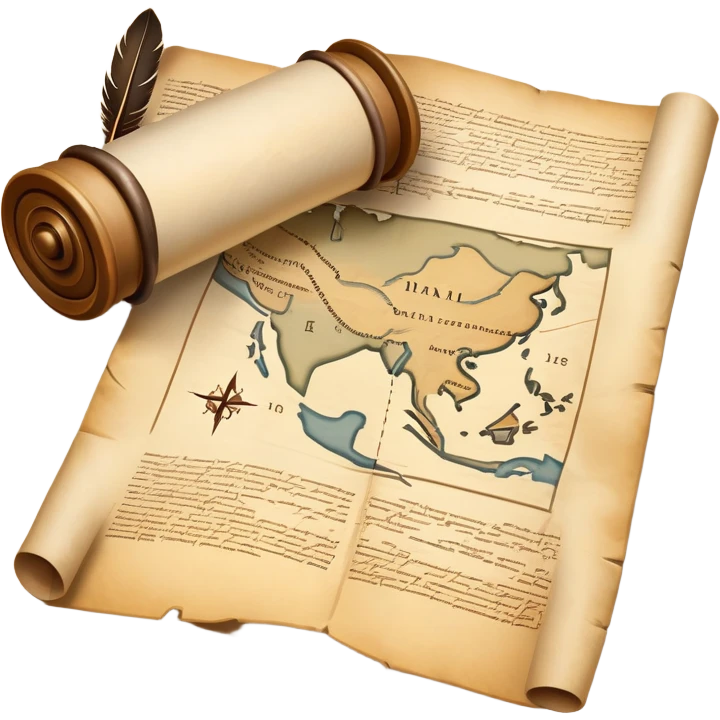 An icon featuring an ancient scroll, a quill, and a historical map, symbolizing the study of history. The design includes a timeline with key historical events and artifacts, capturing the essence of the past. Transparent background highlights the exploration of historical events and knowledge. emoji