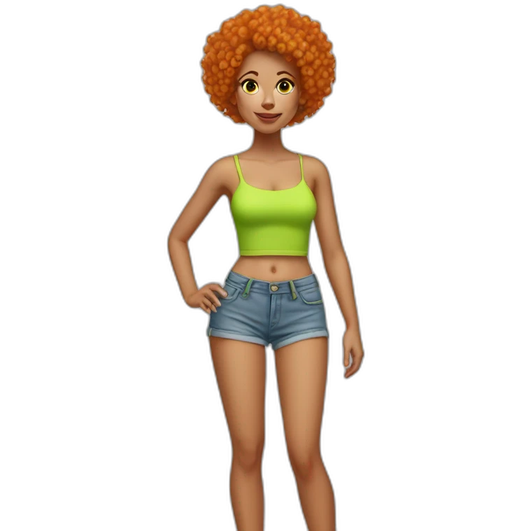 Woman with very short orange curly hair wearing a lime green tube top and very short jean shorts emoji