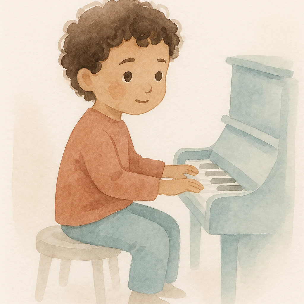 a kid with curly hair and brown eyes playing piano, watercolor illustration style emoji
