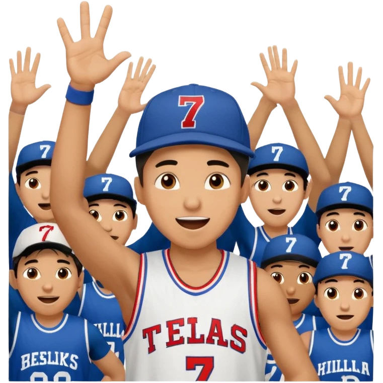 Maverick Trevillian in the crowd at an amateur basketball game. He leans towards the camera and enthusiastically shouts "six seven while performing a distinctive hand gesture: both hands open, palms facing upward, moving up and down as if weighing two options. emoji