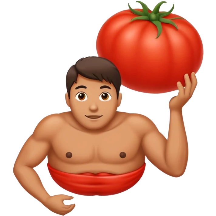man with a large red tomato instead of a belly emoji