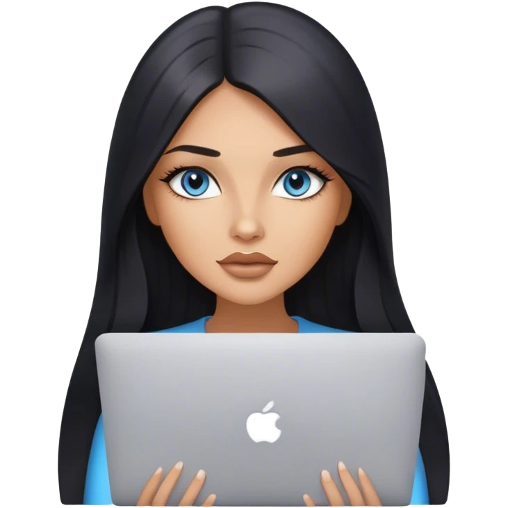 Glamours tanned very beautiful girl with pump nude lips and black straight smooth long hair, blue-gray eyes, with MacBook  emoji