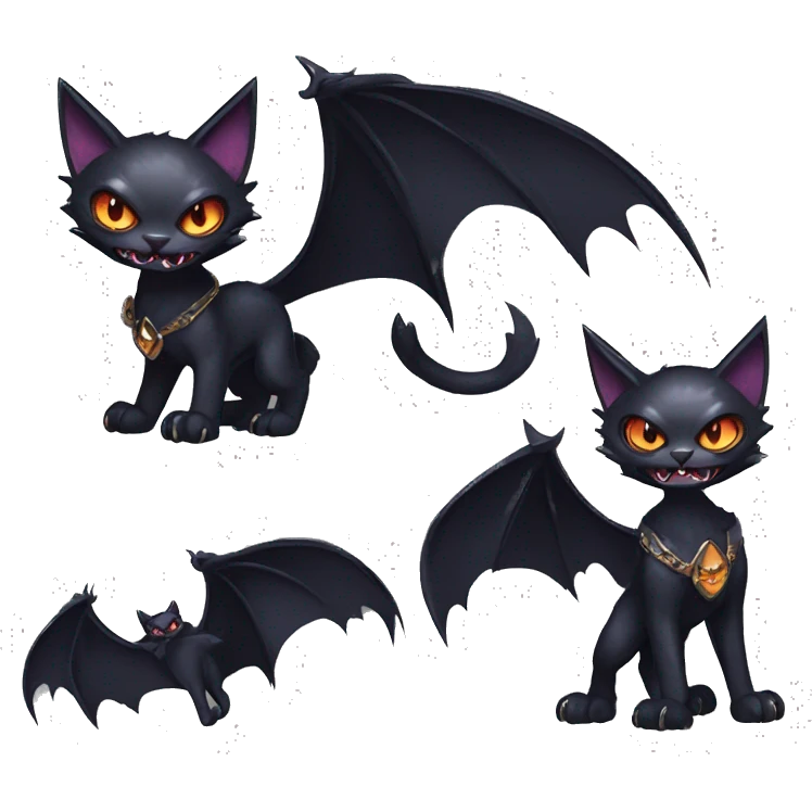  cool edgy fantasy dark-themed animal vampiric cat-hybrid Fakemon with fangs and bat-wing-ears with a collar full body emoji