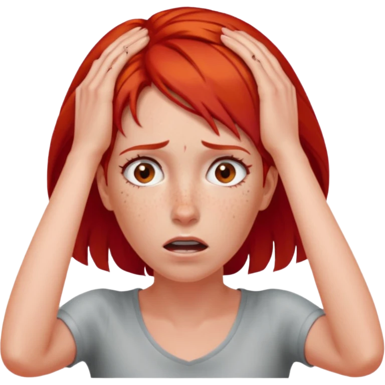 A realistic waist-up portrait of a frightened woman with her hands on her head and red hair emoji
