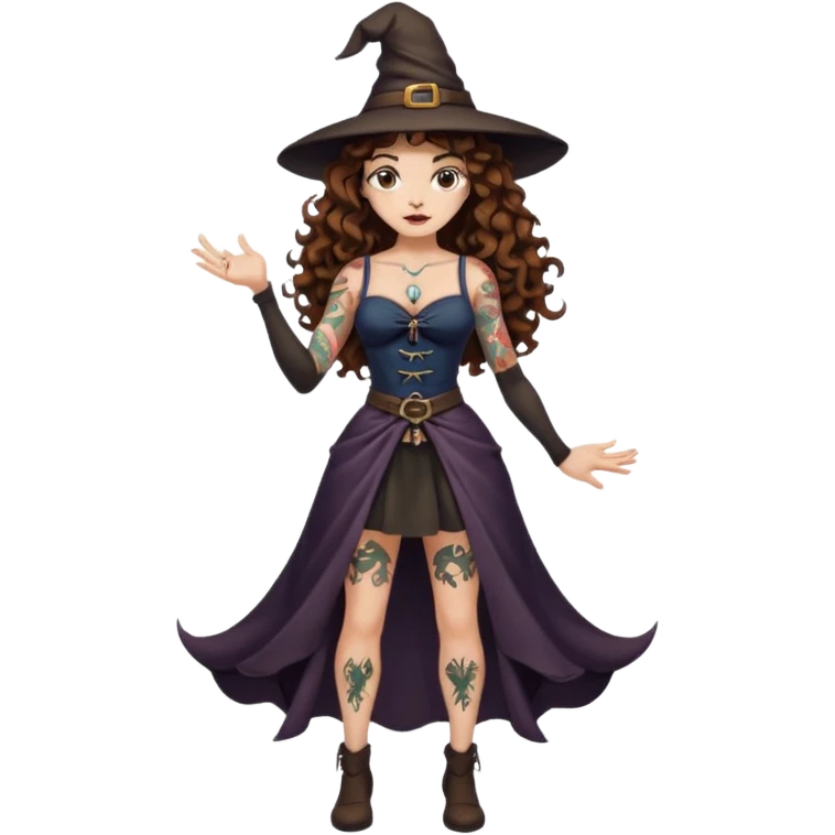 full body view of a woman with long curly brown hair, brown eyes, white skin, tattoos, hands on hips, unimpressed witch stance, psychedelic background swirl emoji
