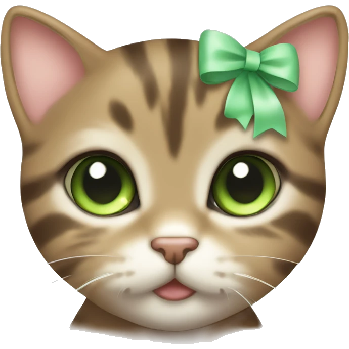 kawaii brown tabby kitten with green eyes and pastel green bow emoji