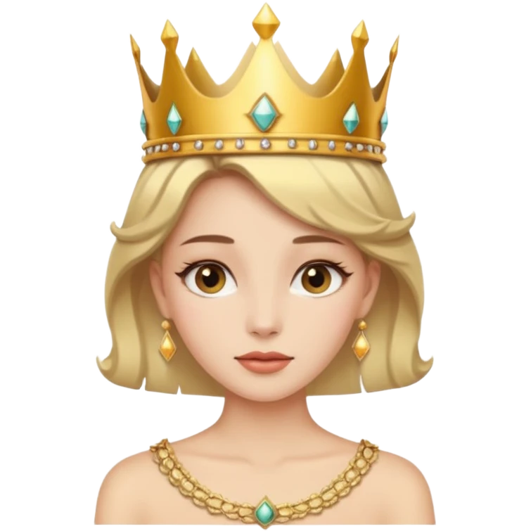 Give me an image of a women wearing neutral makeup with a crown. She is looking very content emoji
