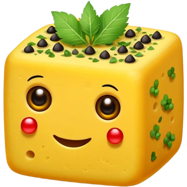 khaman dhokla, spongy yellow Indian snack, cut into cubes, garnished with mustard seeds and coriander, emoji style emoji