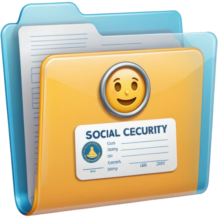 A simple emoji-style icon of a transparent plastic folder, clean and minimal, with rounded corners, subtle translucency, soft shading, and a small official documents symbol representing birth certificater, and Social Security. emoji