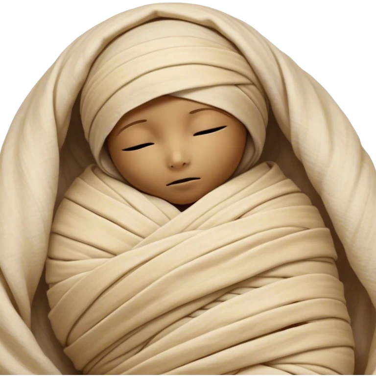 A snug, cozily wrapped mummy, fully encased in soft, slightly loose bandages, even its face gently hidden behind folds with only a tiny glimpse of sleepy eyes, nestled in warm, faded tones with gentle golden accents, simplified yet irresistibly charming, highly detailed with a soft glowing outline capturing the peaceful aura of an ancient being drifting into rest! emoji