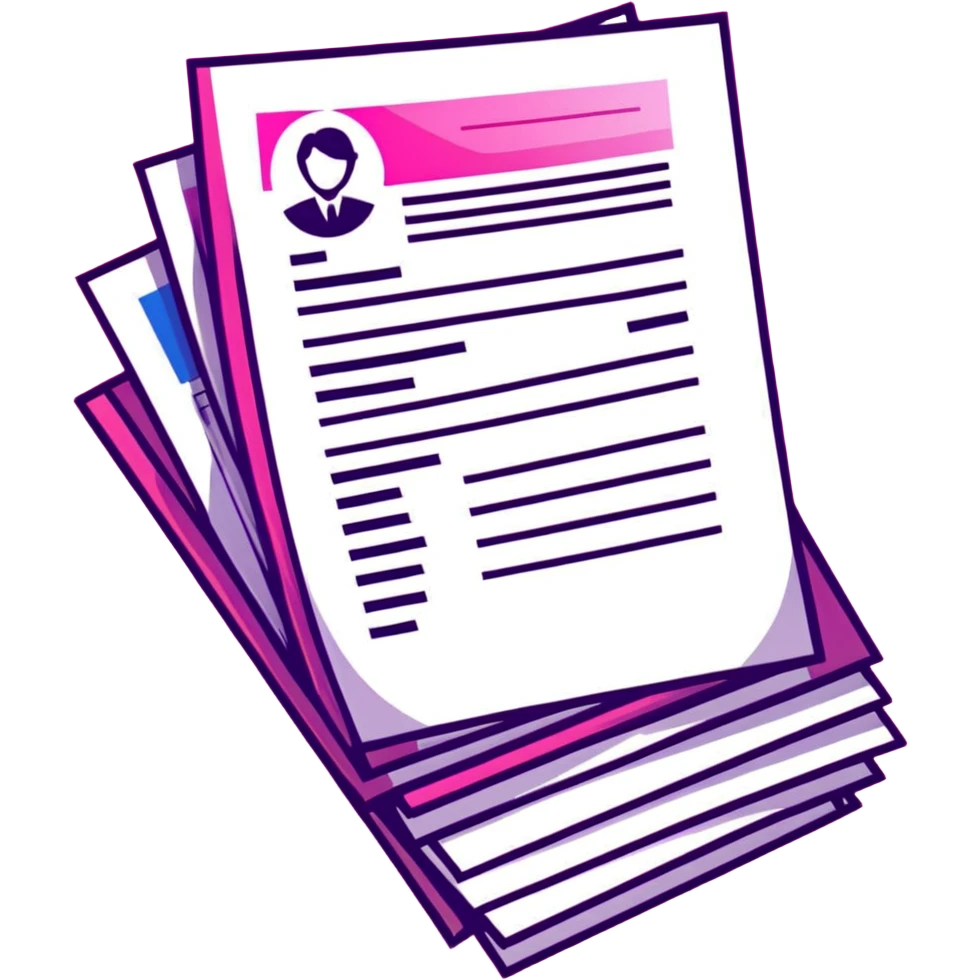 stack of resumes, transparent glass with bright pink gradient from #FF335F to #FF99AA, soft shadows and highlights, minimalistic emoji