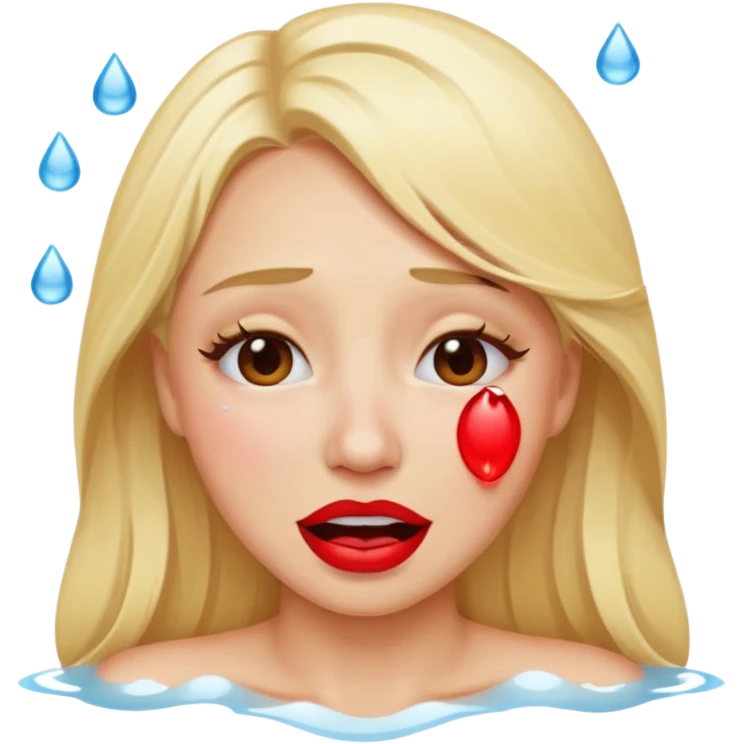 blonde having crying emoji tears (water-emoji) from hard laughter. really happy in general, happy eyes. red lipstick emoji